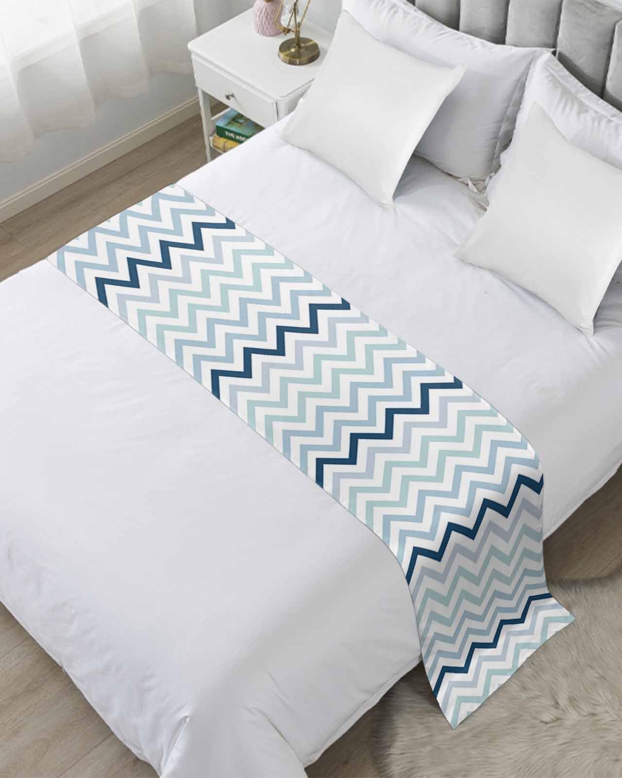 Bed Runner for Twin Size, Gradient Blue Decorative Scarf Throws for Foot of Bed, Geometric Stripes Wave Chevron Pattern Luxury Bedding Protector Slipcover Beds Runners for Hotel/Home, 71 x 20 Inch