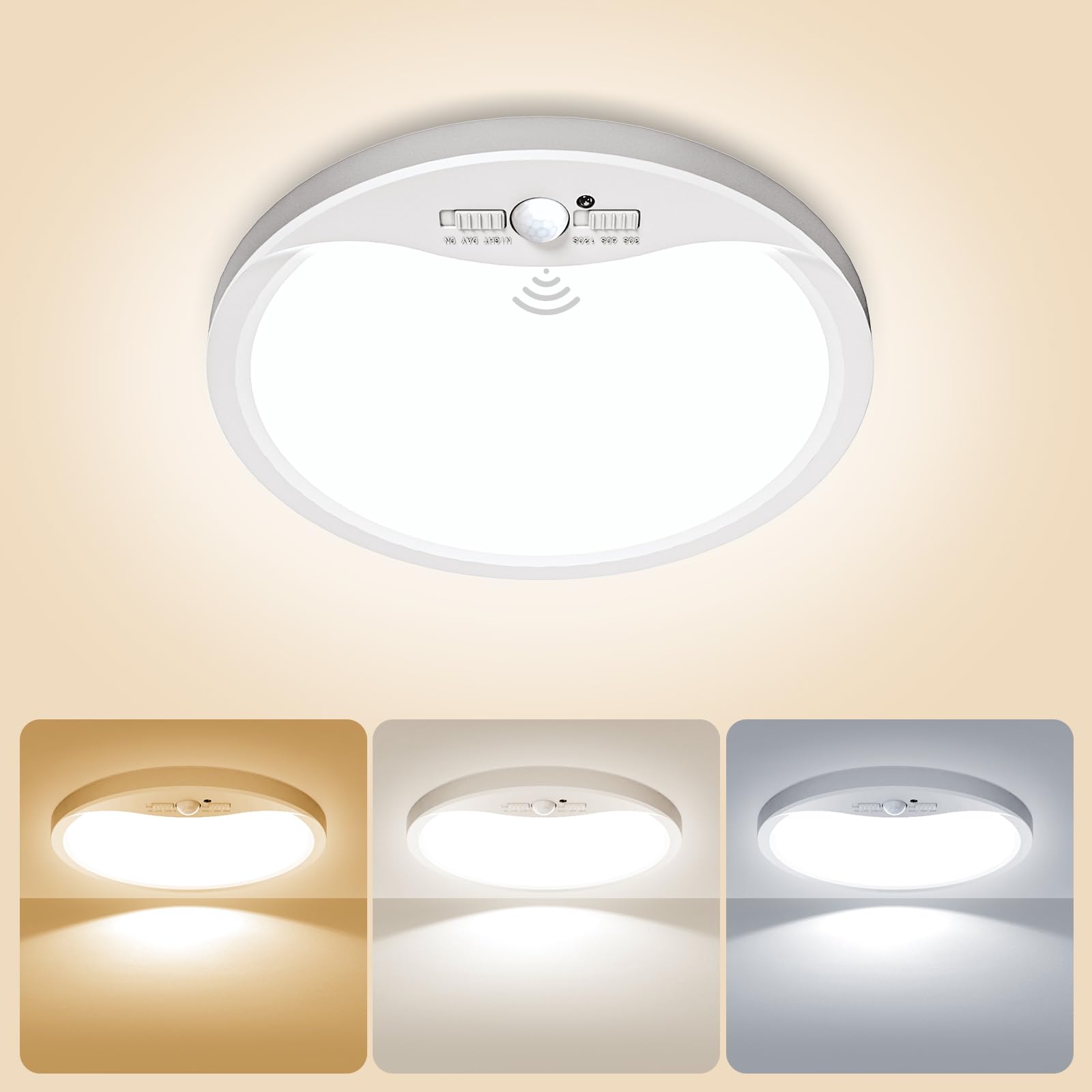 zemty 18cm LED Deckenlampe mit Bewegungsmelder Innen 15W 1500lm, 3 Modi/3 Zeiten (30s/60s/120s)/3 Farbtemperatur, IP44 Wasserdicht Lampe mit Bewegungssensor für Flur Bad Treppe Balkon Garage Keller