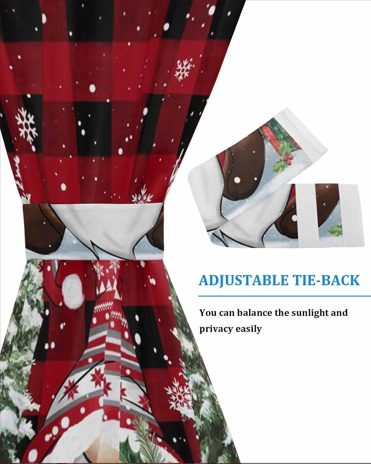 Christmas Plaid Black Out French Door Curtains for Door Window, Rod Pocket Door Drapery Curtain Panel with Tiebacks for Sidelight Front Back Patio Doors, Red Black Gnomes Pine Tree 25"x72"