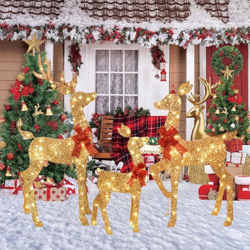 3-Piece 2D Lighted Christmas Deer Family Set - HOYECHI Large Outdoor Yard Reindeer Holiday Decoration with 145 LED Lights, Stakes, Zip Ties - Gold 3-Piece 2D Lighted Christmas Deer Family Set - HOYECHI Large Outdoor Yard Reindeer Holiday Decoration with 145 LED Lights, Stakes, Zip Ties - Gold