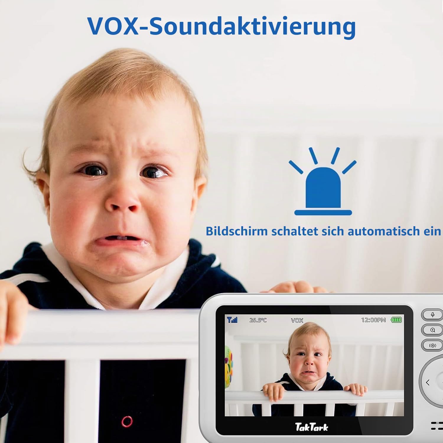 TakTark Babyphone mit Kamera, 4.3'' Babyfon mit Kamera und Audio mit Pan-Tilt 300° Rotation Video Baby Monitor mit VOX, Gegensprechfunktion, Nachtsicht, Temperatursensor und Keine störenden Lichter