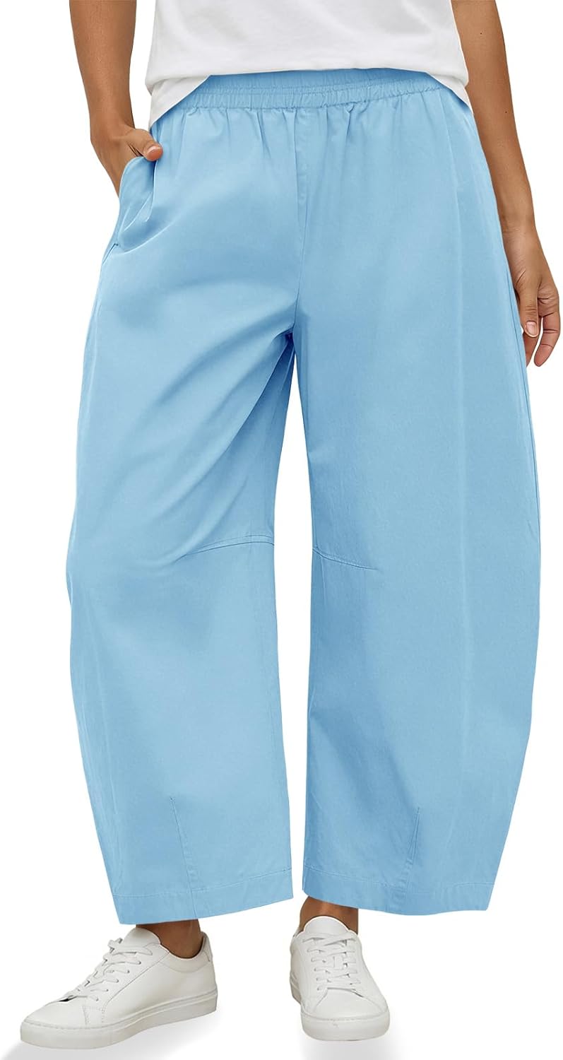 Fisoew Womens Wide Leg Barrel Pants Summer High Waisted Harem Pants Casual Cotton Baggy Trousers with Pockets