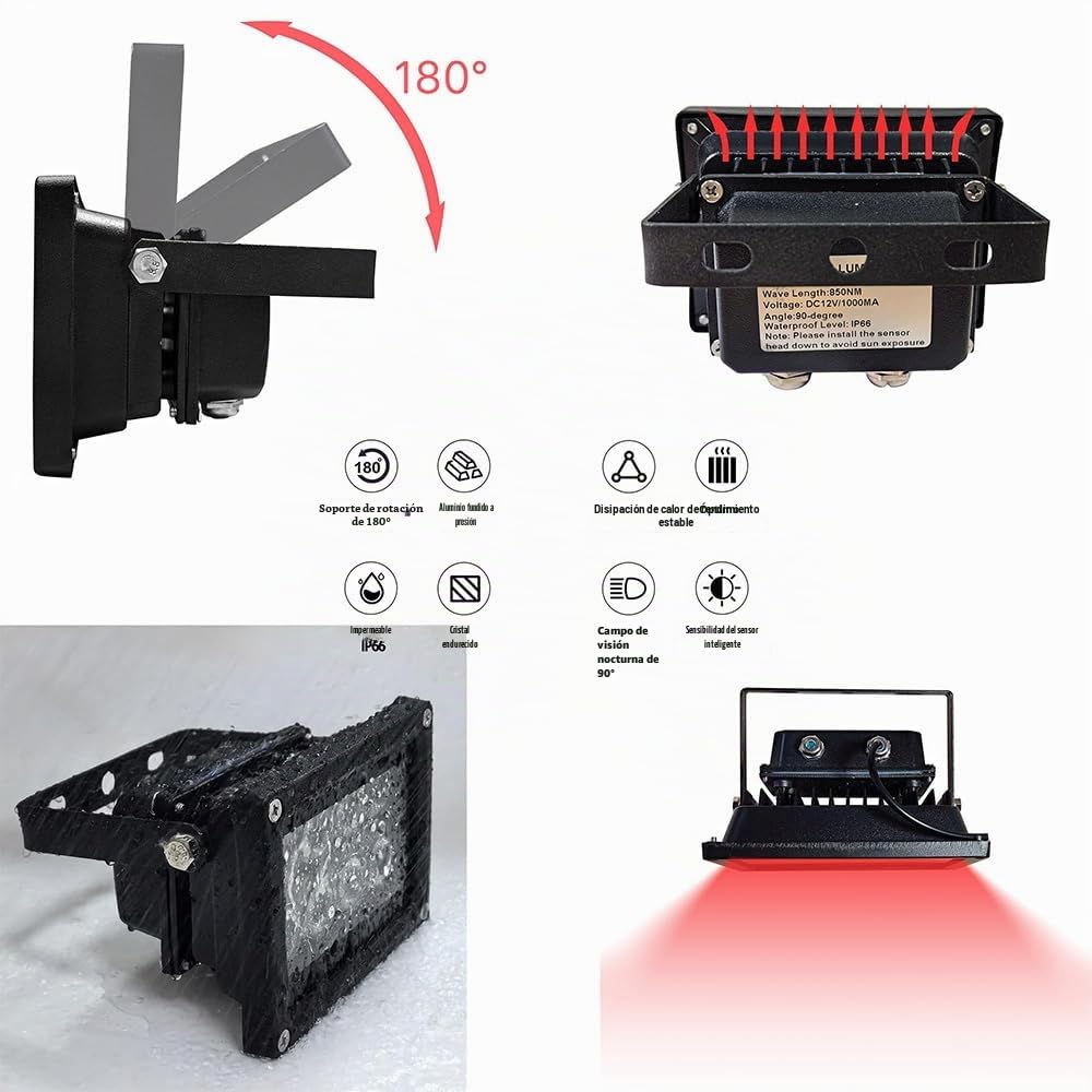 JC IR Illuminator Luz infrarroja 8 LED Gran Angular con Adaptador de Corriente para Cámaras de Seguridad