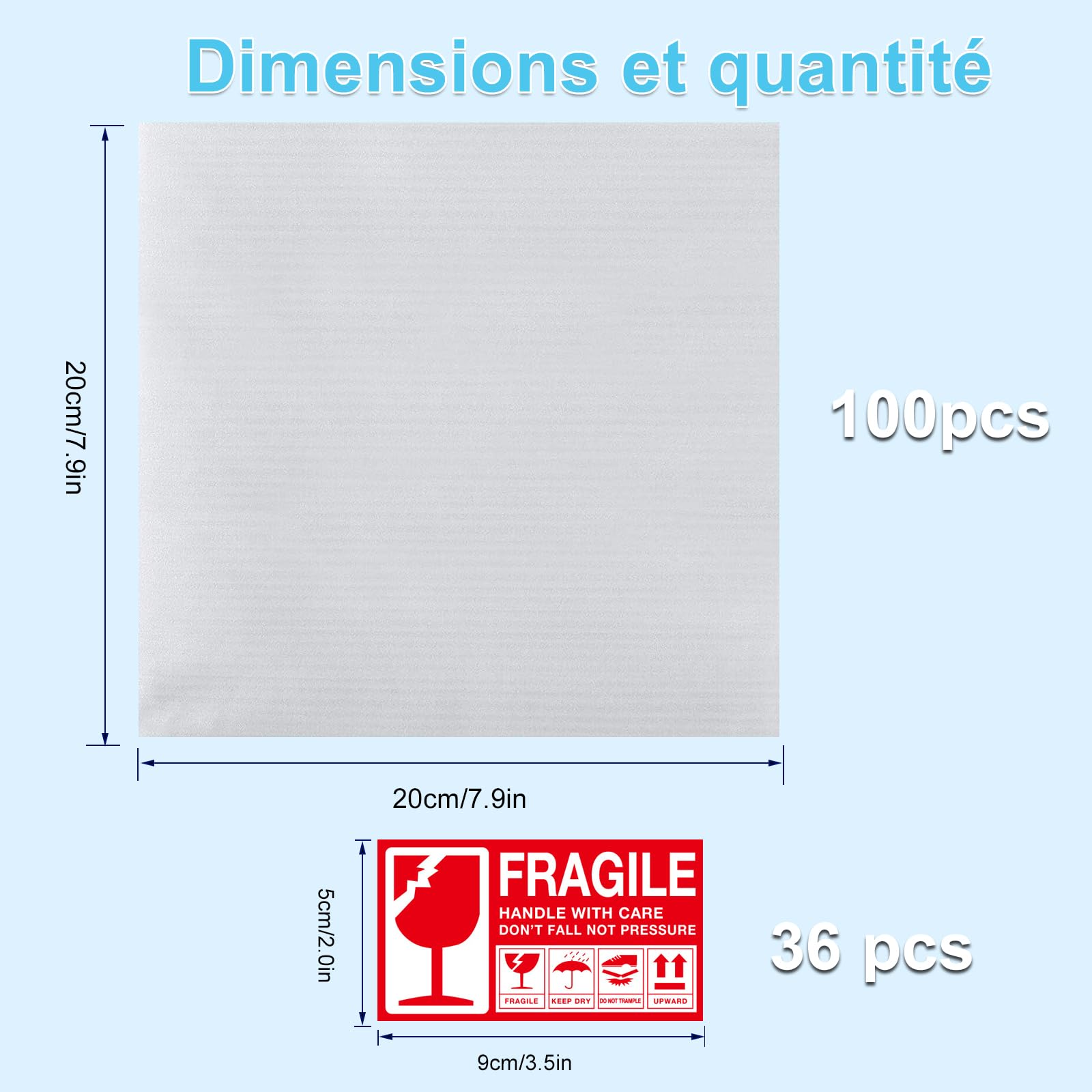 Voarge 100 PCS Demenagement Feuilles Mousse Papier Bulle, Avec Étiquettes Fragiles pour Cartons Plats Assiettes Verres Emballage(20 * 20cm)