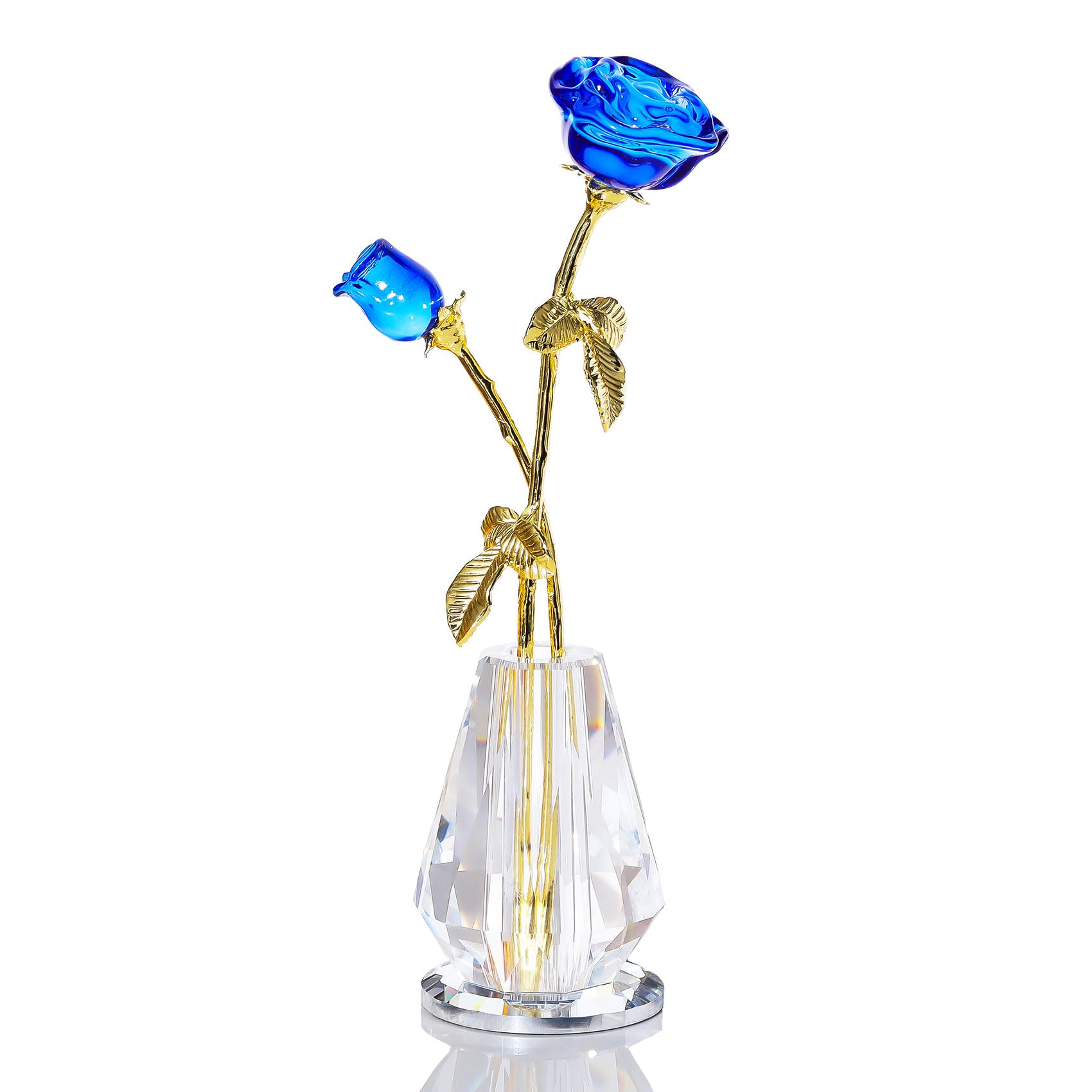 誕生日 結婚記念日プレゼント 女性 人気 Ｋ9クリスタル ブルーのバラギフト 蕾付きバラの花 薔薇 置物 枯れない バラの花束 & クリスタル花瓶スタンド 彼女 妻 母への贈り物 結婚祝い バレンタインデー