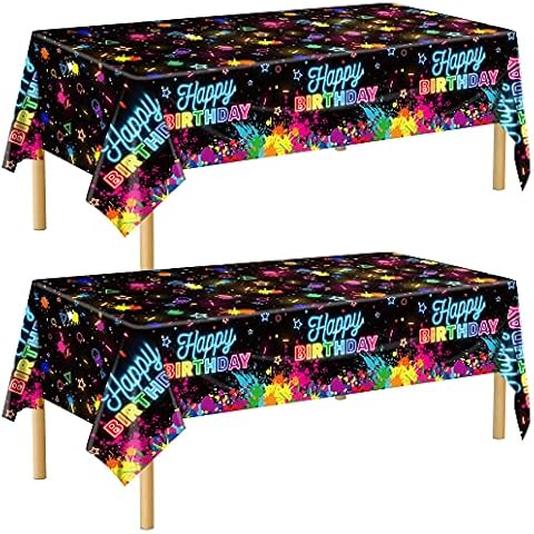 durony 2 Pack Glow in The Dark Birthday Party Tablecloth Neon Plastic Disposable Table Cover Paint Graffiti Happy Birthday Table Decorations for Let's Glow Birthday Party, 54 x 108 Inch Cover