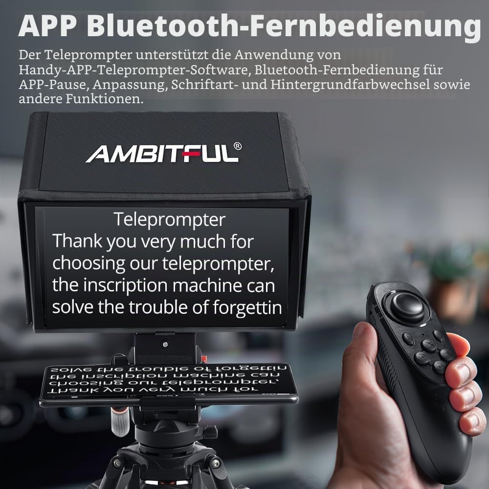 Ambitful T14Pro Teleprompter für Kamera, iPad, Android-Tablet, Smartphone, App-Steuerung/keine Montage, kompatibel mit iOS Android, für Online-Tech/Interview/Vlogger/Live-Streaming