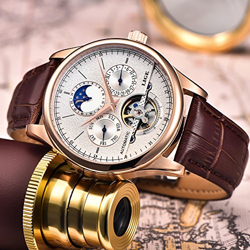 Lige Waterproof Mens Watches Luxury Business Mechanical Watch Automatic Gold White Leather Strap Wristwatch #TOP4