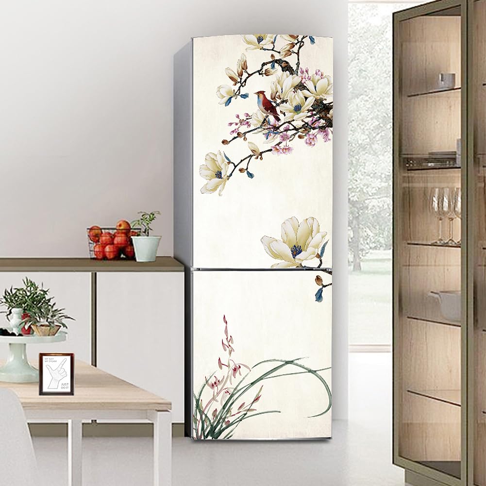 Fridge Wraps Kitchen Fridge Stickers Cover Full Doors, Fridge Sticker Full Covering Door Fridge Covers Skins wall Stickers for Kitchen Decal, Chinese Painting Flower and Bird