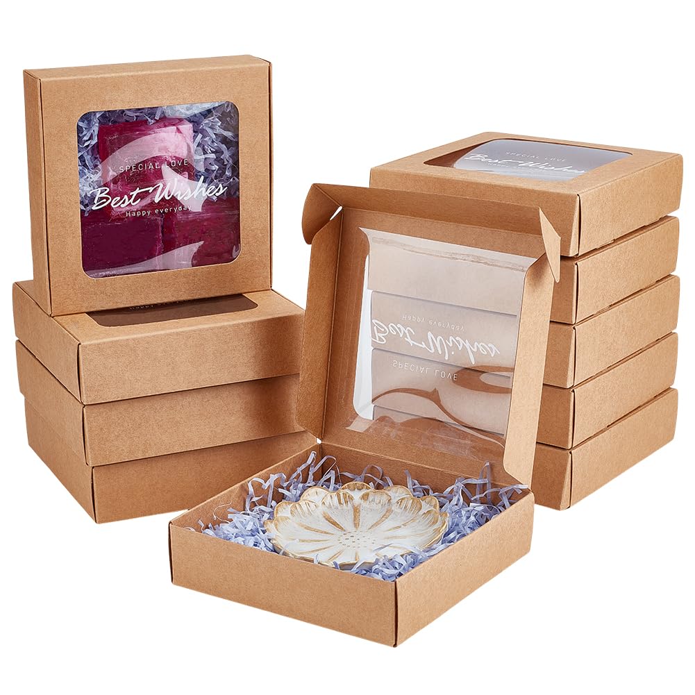 BENECREAT 10pcs Kraft Mini Paper Boxes, PVC Window Gift Boxes Square Present Boxes for Wedding Gift, Chocolates, Cookies and Other Small Crafts, 15.7x16x4.5cm