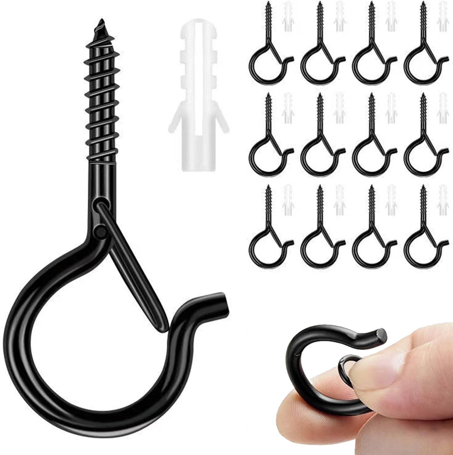 yongyongbuy Screw-in Hook, Q Hanger Hook, Safety Buckle, String Light Hook, Black Screw Hook, Ceiling Hook, Plant Hook, 12-Pack