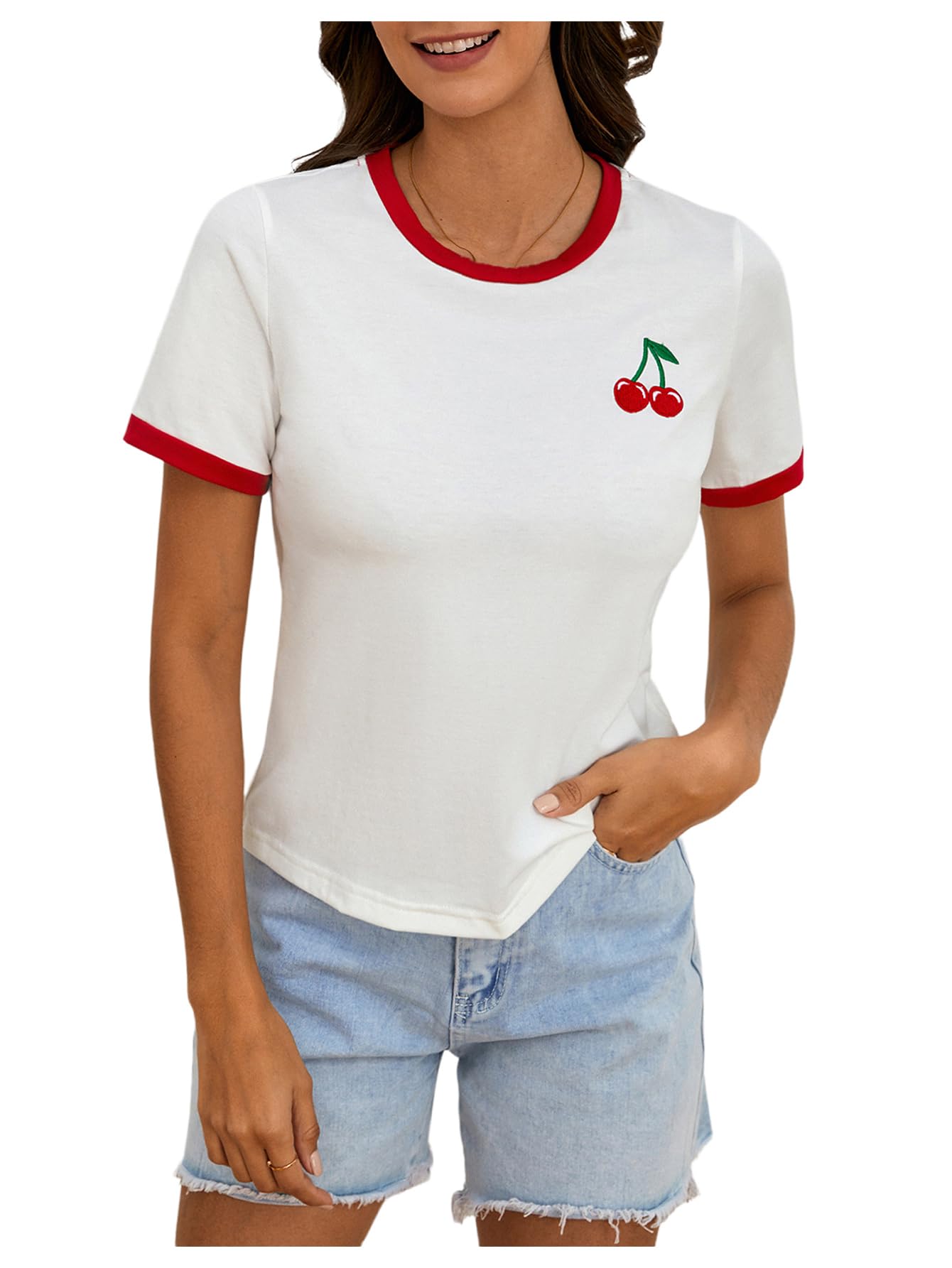 RoseSeek Women's Cherry Embroidery Print Shirt Contrast Color Neck Tee Short Sleeve Graphic Casual T Shirt Summer Tee Tops