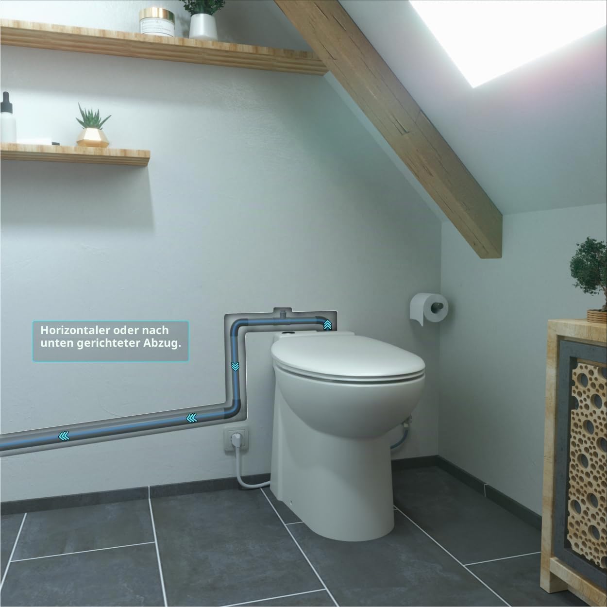 Start – Stand-WC mit integriertem Mahlwerk | Mahlwerk mit Reibe aus Edelstahl | Doppelspülung | Kompaktes WC | Französisches Produkt
