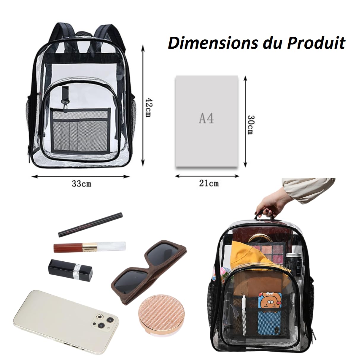 Sac a Dos Transparent,Sac Impermeable Sac à Main Unisexe Sac à Dos D'école PVC,Sac de Sport Transparent pour Travail Collège les Voyages