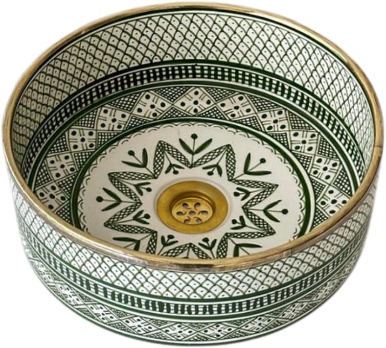 Unique Ceramic Bathroom Vessel Sink – Handmade Moroccan Pottery Bowl – Above Counter Vanity Sink Basin – Elegant Washbasin for Contemporary Bathroom Decor (25 cm | 9.8 in)