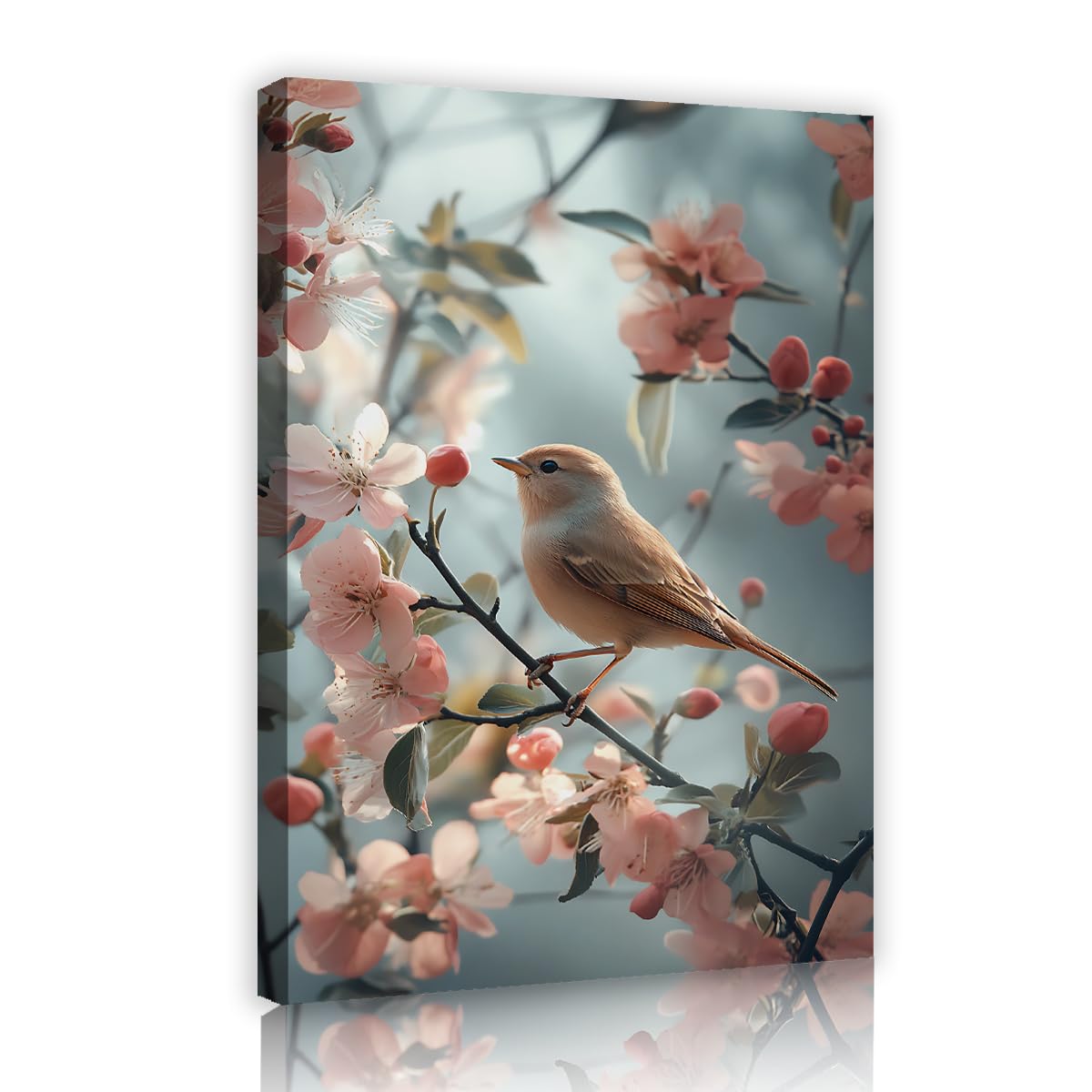 TOANGWALL Cute Bird Canvas Wall Art Pink Cherry Blossom Branch Painting Soft Teal Backdrop Mural Pictures Artwork Modern Framed Poster Prints For Bedroom Playroom Decor 80x120cm