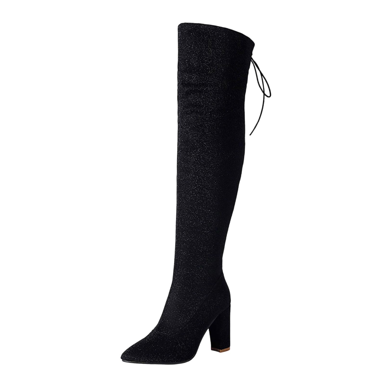 Womens Thigh High Boots Glitter Chunky Mid Heel Pointed Toe Tall Boot Fashion Slouchy Long Shoes with Half