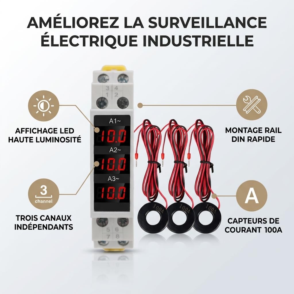 Amperometro Digitale Trifase 80 500V 1 100A con Display LED Misuratore di Potenza su Guida DIN con 3 Sensori per Impianti Elettrici Industriali Domestici