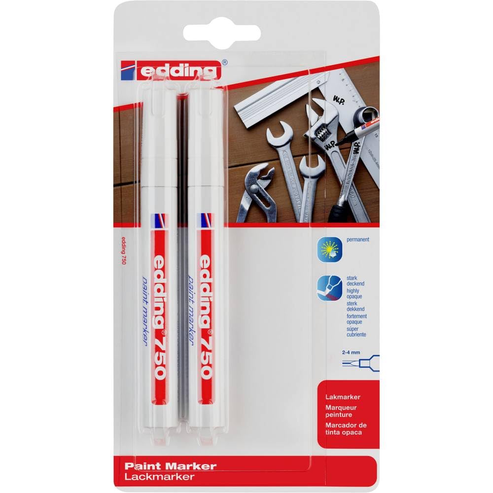 edding750 paint marker - white - pack of 2 pens - round nib 2-4 mm - paint marker for marking and labelling metal, glass, rocks or plastic - heat-resistant, permanent, smudge-proof and waterproof