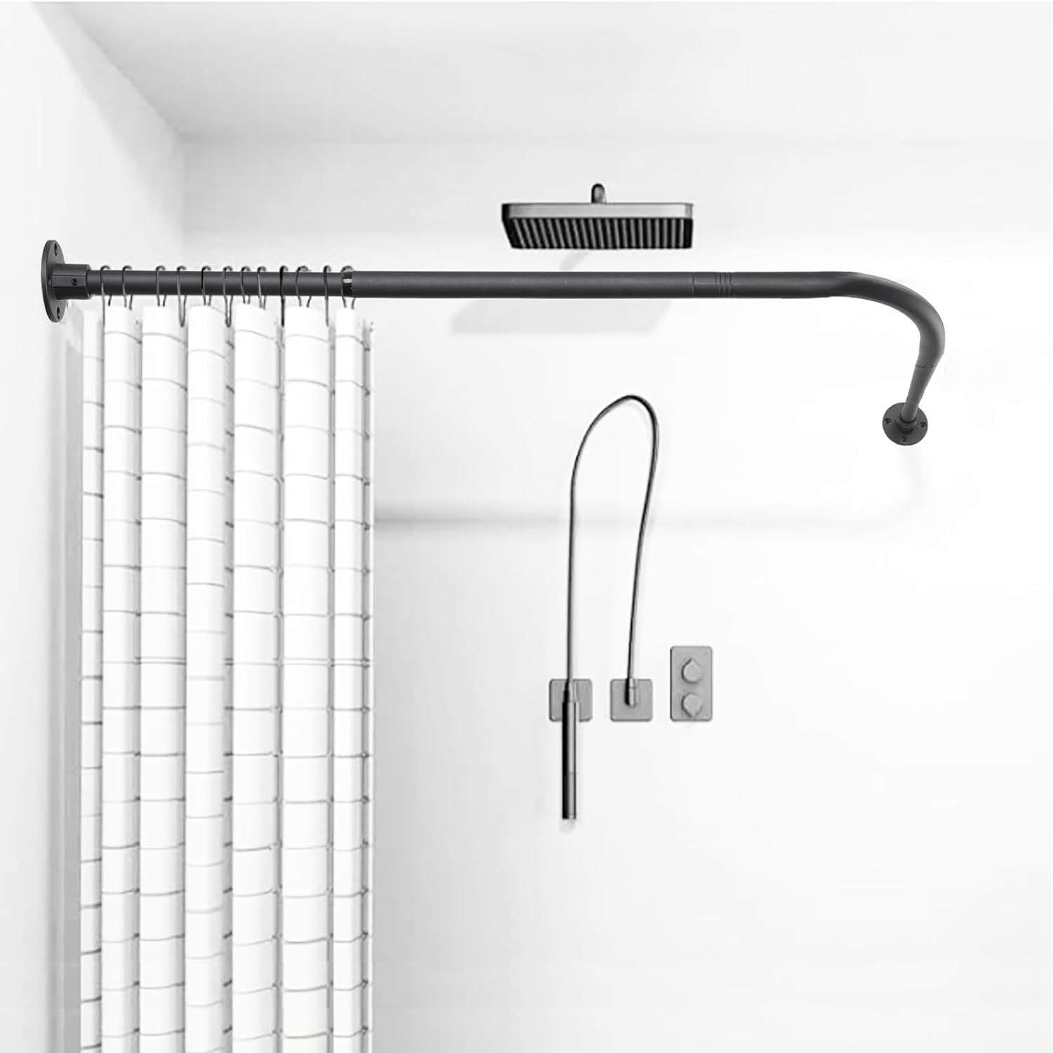 L Shaped Shower Curtain Rod, (44.1"-54.3"x44.1"-54.3") Adjustable Curved Shower Rod, 90 Degree Corner Shower Rods for Bathroom Bathtub Clothing Store Locker, locker rooms, fitting rooms, Black