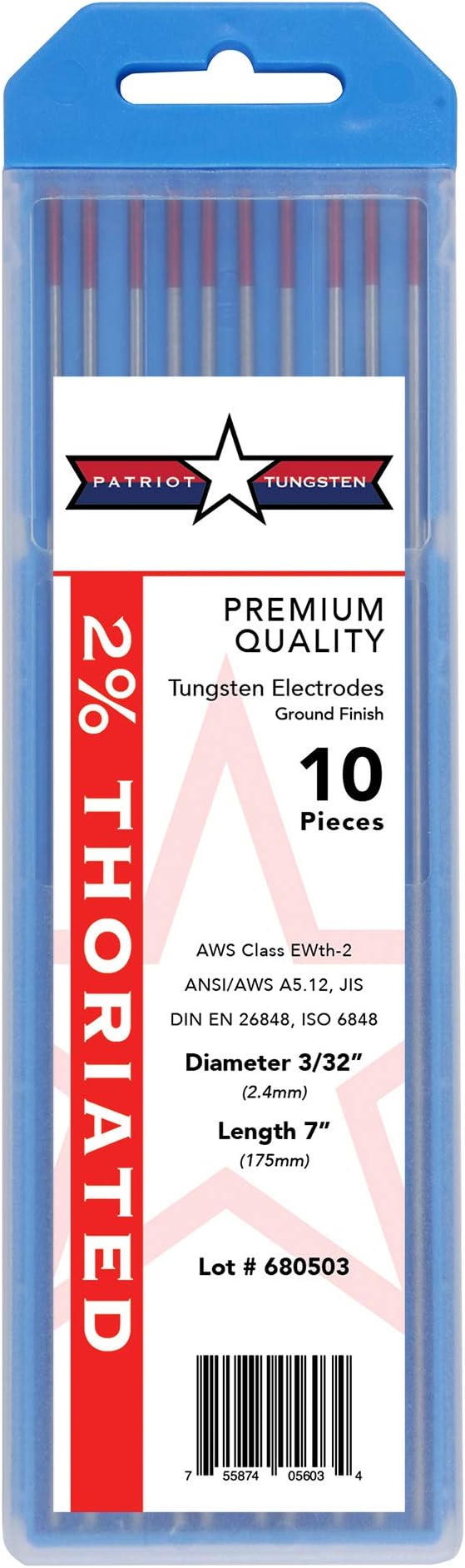 TIG Welding Electrodes 2% Thoriated WT20 (EWTh-2) Red 3/32" 10 Pack