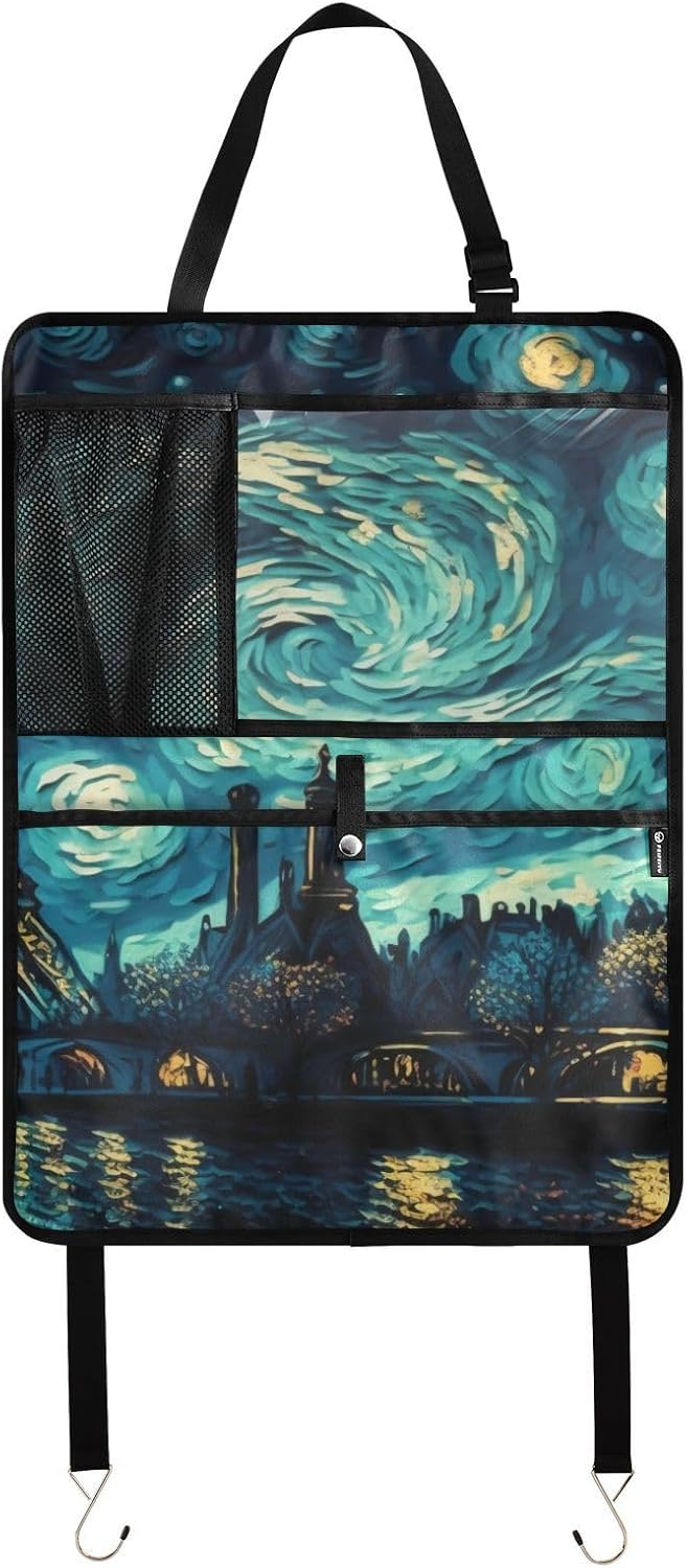 Car Seat Back Kick Mats Van Gogh Paris Night Print, Seatback Protector with Pockets for Tablet Bottle Tissue Book, Auto Storage Organizers 25x18 IN 2 Pack