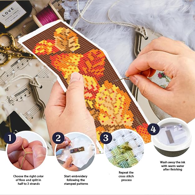 Image of INFUNLY 6PCS Falling Leaf Cross Stitch Bookmark Kit for Adults Autumn Cross Stitch Kits DIY Crossstitch Kits Maple Leaves Stamped Embroidery Bookmark Kit with Instructions for Book Lovers Readers