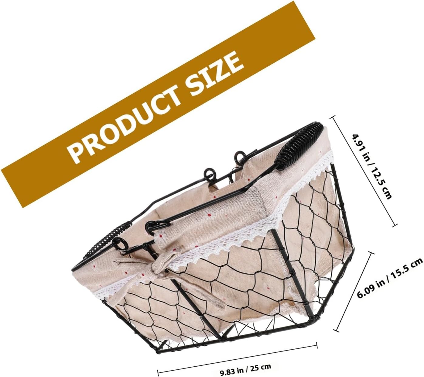 Wear-resistant Iron Wire Snack Storage Basket with Fabric Liner, Hollow Egg Holder and Home Organization Basket, Black Countryside Style Handheld Storage for Kitchen Color image 2