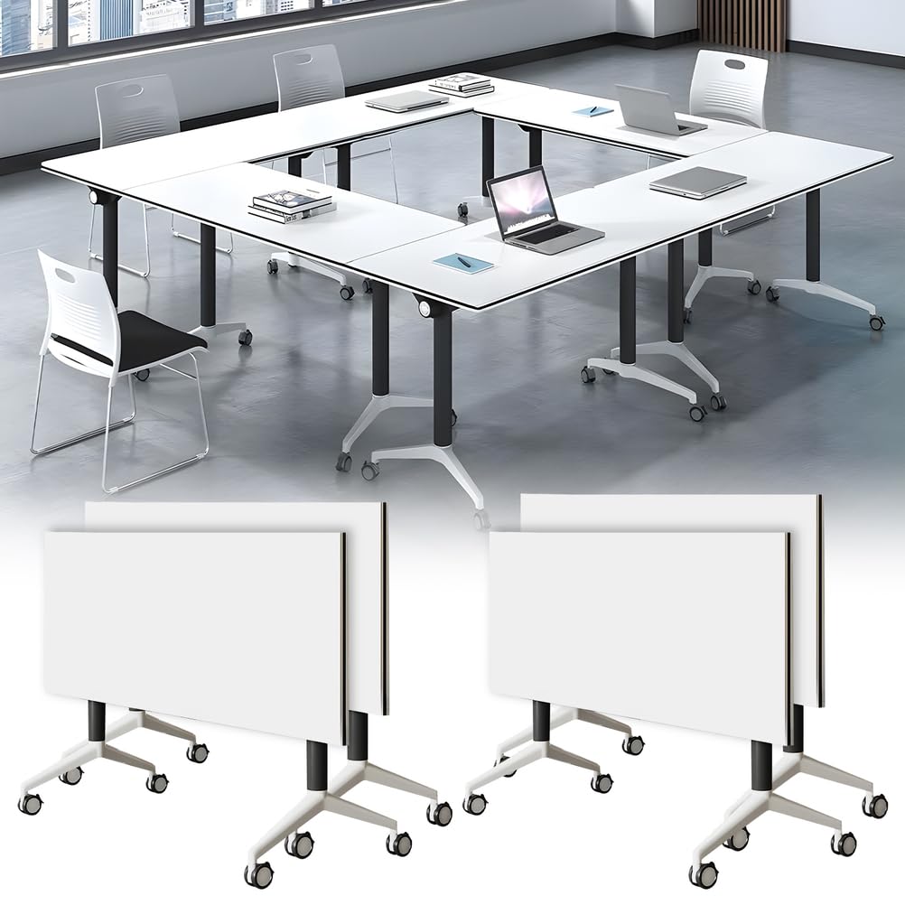 MOFGOE Modular Meeting Table, Folding Conference Table Modern with Locking Wheels, Portable Meeting Table with Flip Top, 330lbs Capacity, for Office