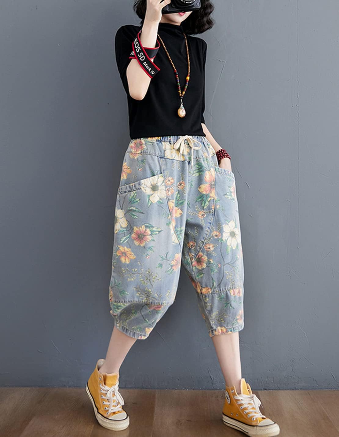 COWOKA Women's Casual Denim Jeans Print Drawstring Elastic Waist Cotton Loose Splicing Harem Pants - Image 3