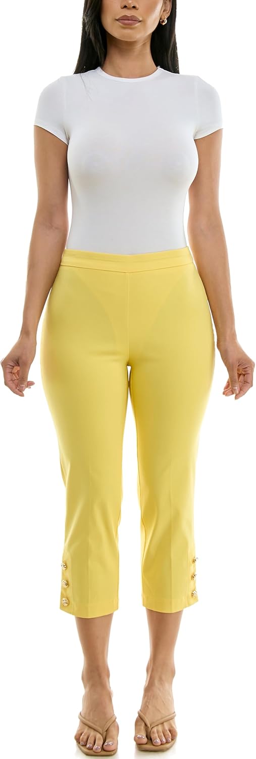 Zac & Rachel Women's Pull on Millenium Capri Pant with Elegant Triple Gold Button Ankle Detail