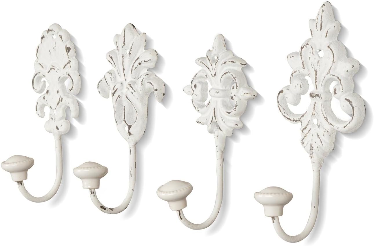 Set of 4 Wall Hooks White Grey Clothes Hooks Wall Coat Hooks Iron Shabby Chic Country House Vintage Nostalgia Antique Ornaments Baroque