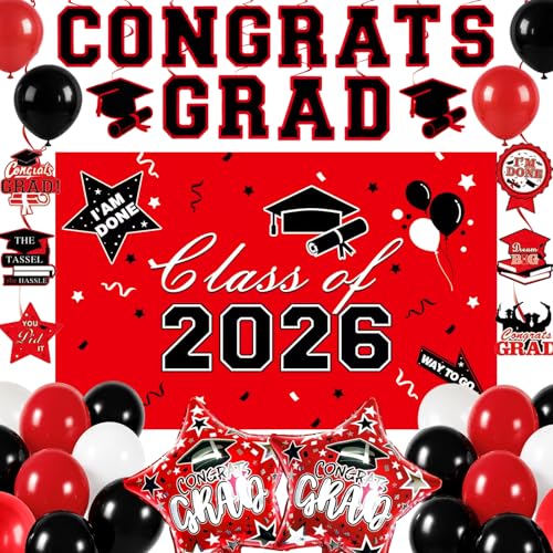 Graduation Decorations 2026, Red Black Graduation Party Decorations Set with Class of 2026 Backdrop Congrats Grad Banner 18inch Foil Grad Star Balloons Hanging Streamers Kit for High School College by Togvu - Used condition - US$12.62