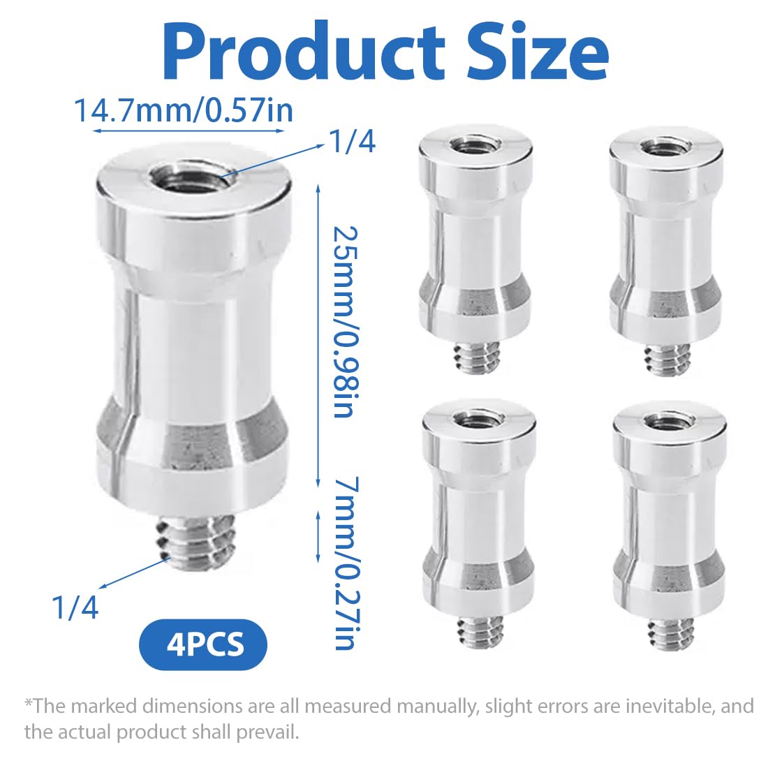 EIHI 4 Stück 1/4 Zoll Buchse Auf 1/4 Zoll Stecker Konverter Gewindeschraube Adapter Zapfen Aluminiumlegierung Für Studio Lichtstativ,Blitzschuh,Kaltschuhadapter, Gewindeadapter