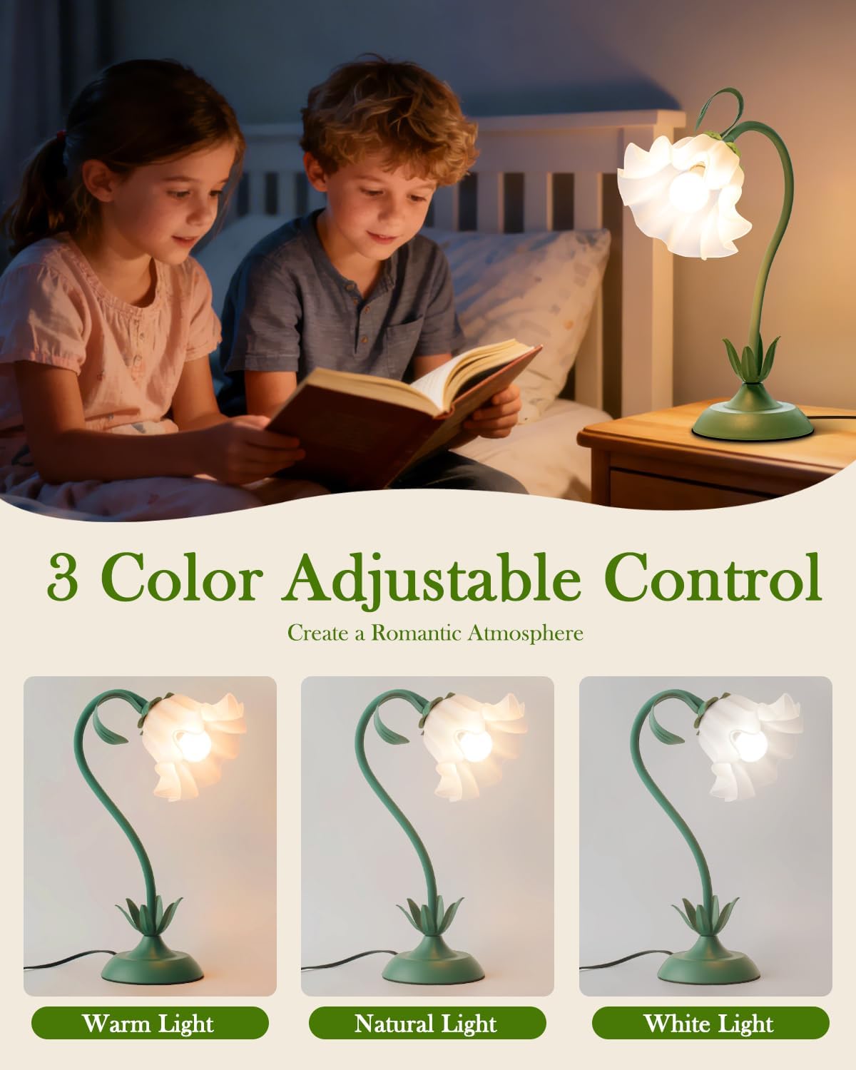 WERFOP Flower Table Lamp, LED Reading Light Vintage Bedside Table Lamp with 3 Color Modes for Nightstand, Kawaii Decoration for Home Bedroom Living Room (Green)