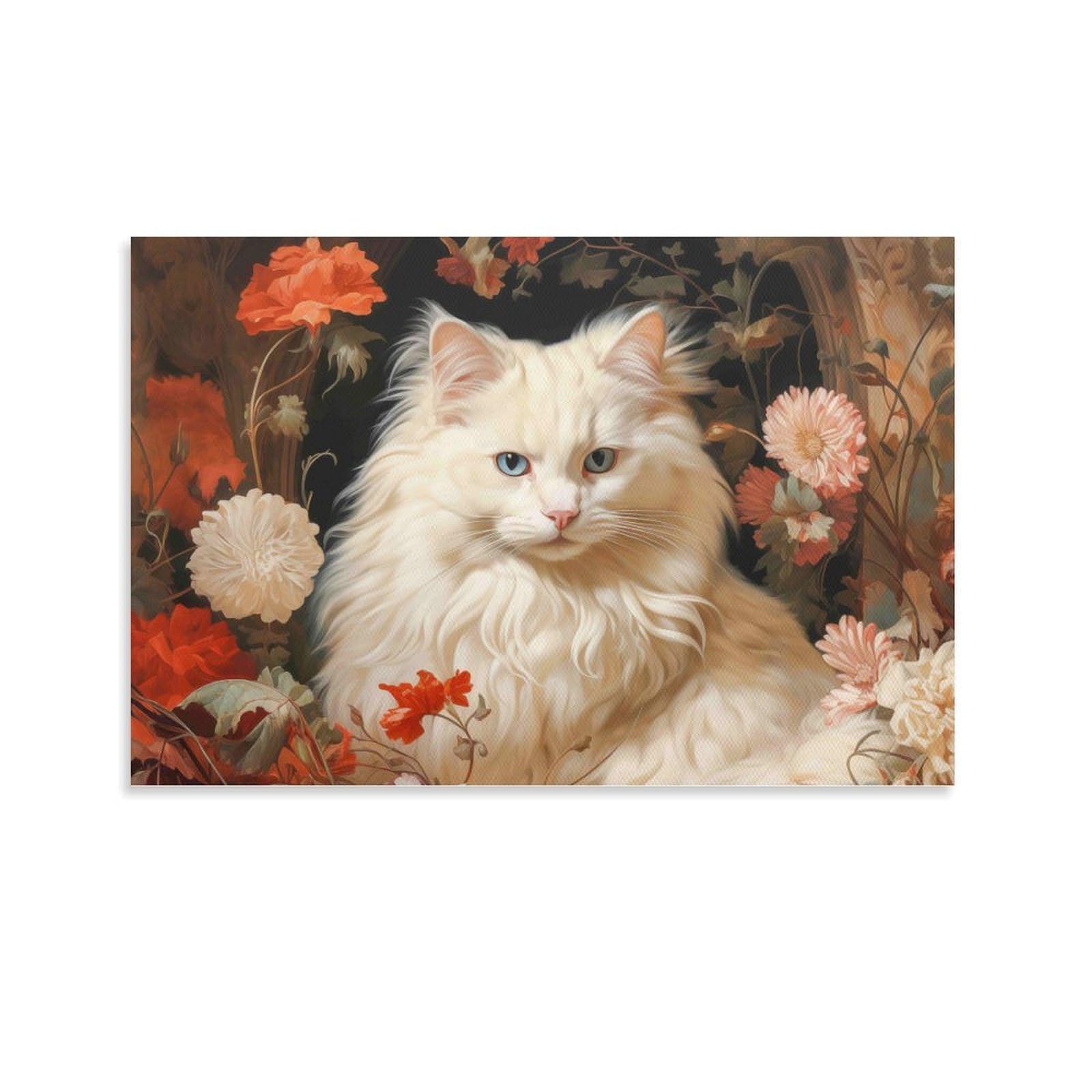 CPLVKWRQJ White Cat with Flowers Single Piece White Cat in Flower Painting Framed Wall Art - Living Room Gallery Wall Focal Point Ready to Hang Decor 20x30inch(50x75cm)