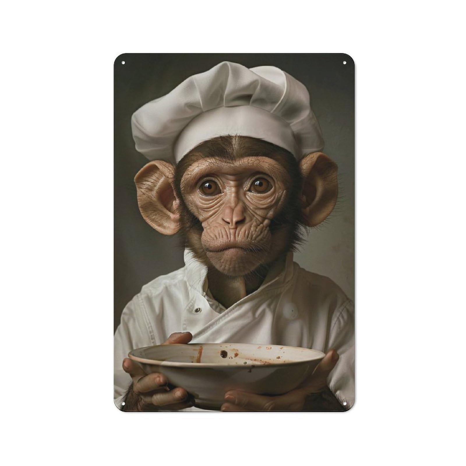 Classic Monkey Chef with Empty Bowl Metal Wall Sign 30x20cm, Pub Wall Decor for Diner, Restaurant, Shed Or Kitchen