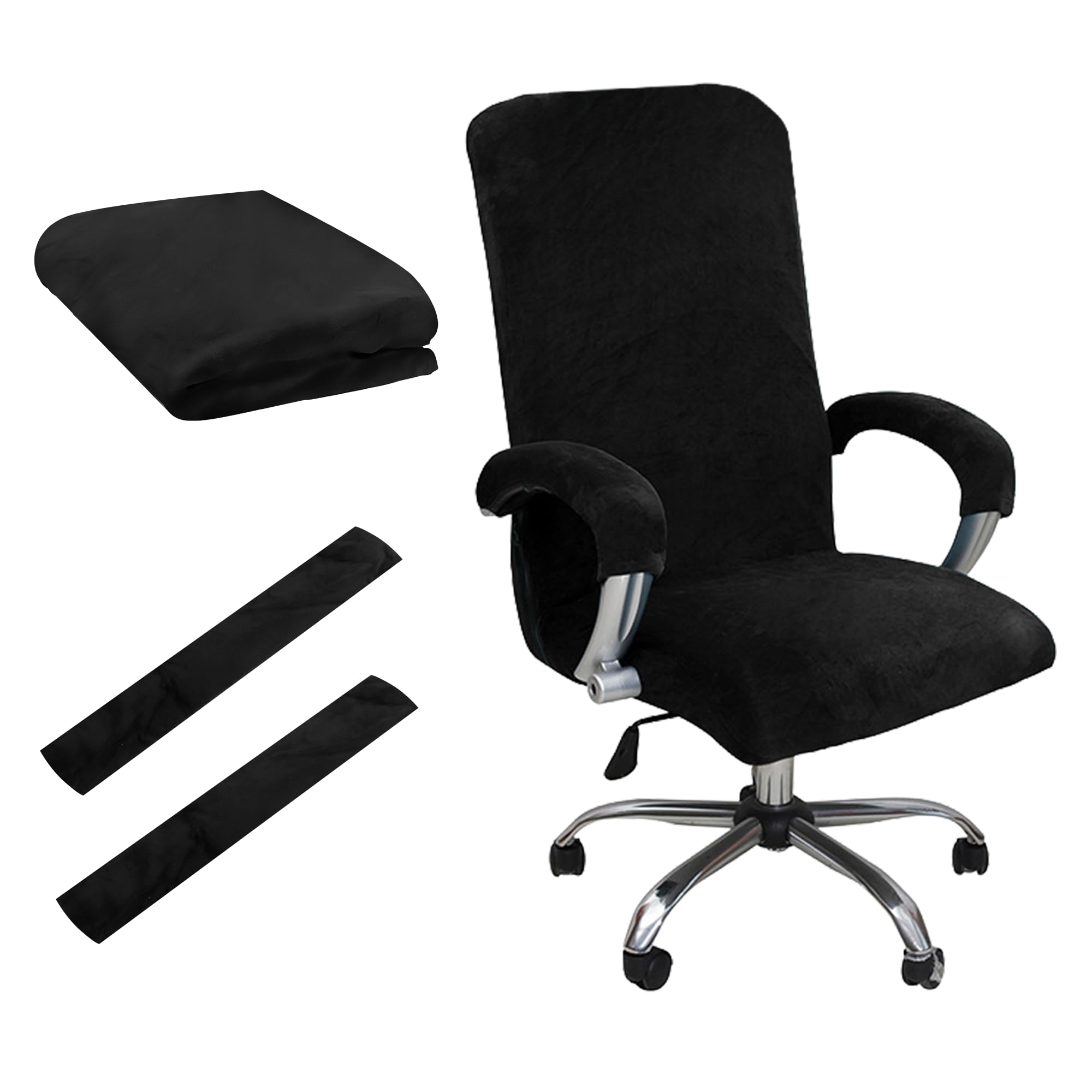 Office Chair Covers, Desk Chair Cover Universal Stretch Velvet Slipcover, Washable Plush Computer Chair Protector with Arm Covers, Thick Swivel Chair Cover for Home Office Furniture (Black, XL)