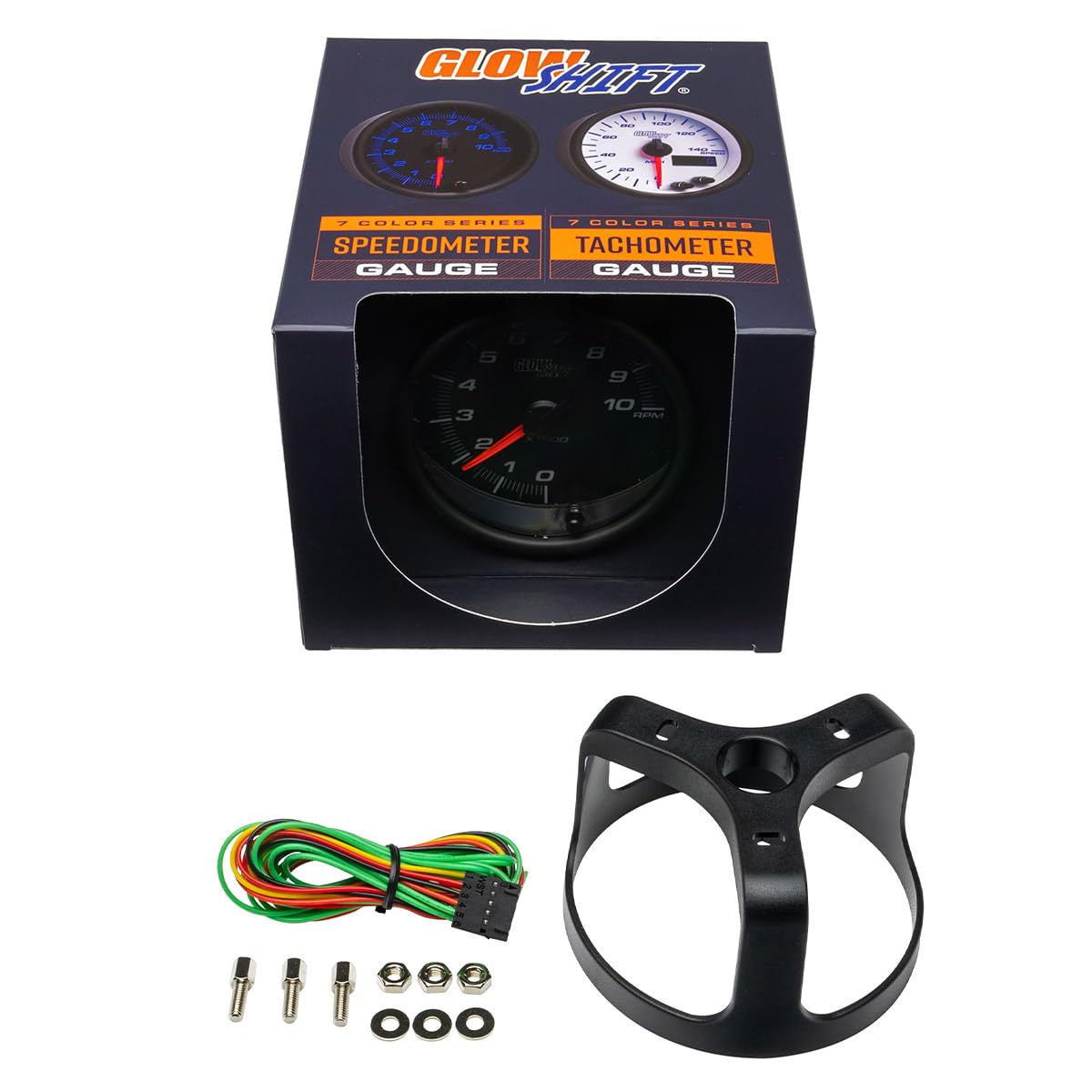 GlowShift Black 7 Color 10,000 RPM Tachometer Gauge - for 1-10 Cylinder Gas Powered Engines - Mounts in Custom Dashboard - Black Dial - Clear Lens - 3-3/8" 85mm
