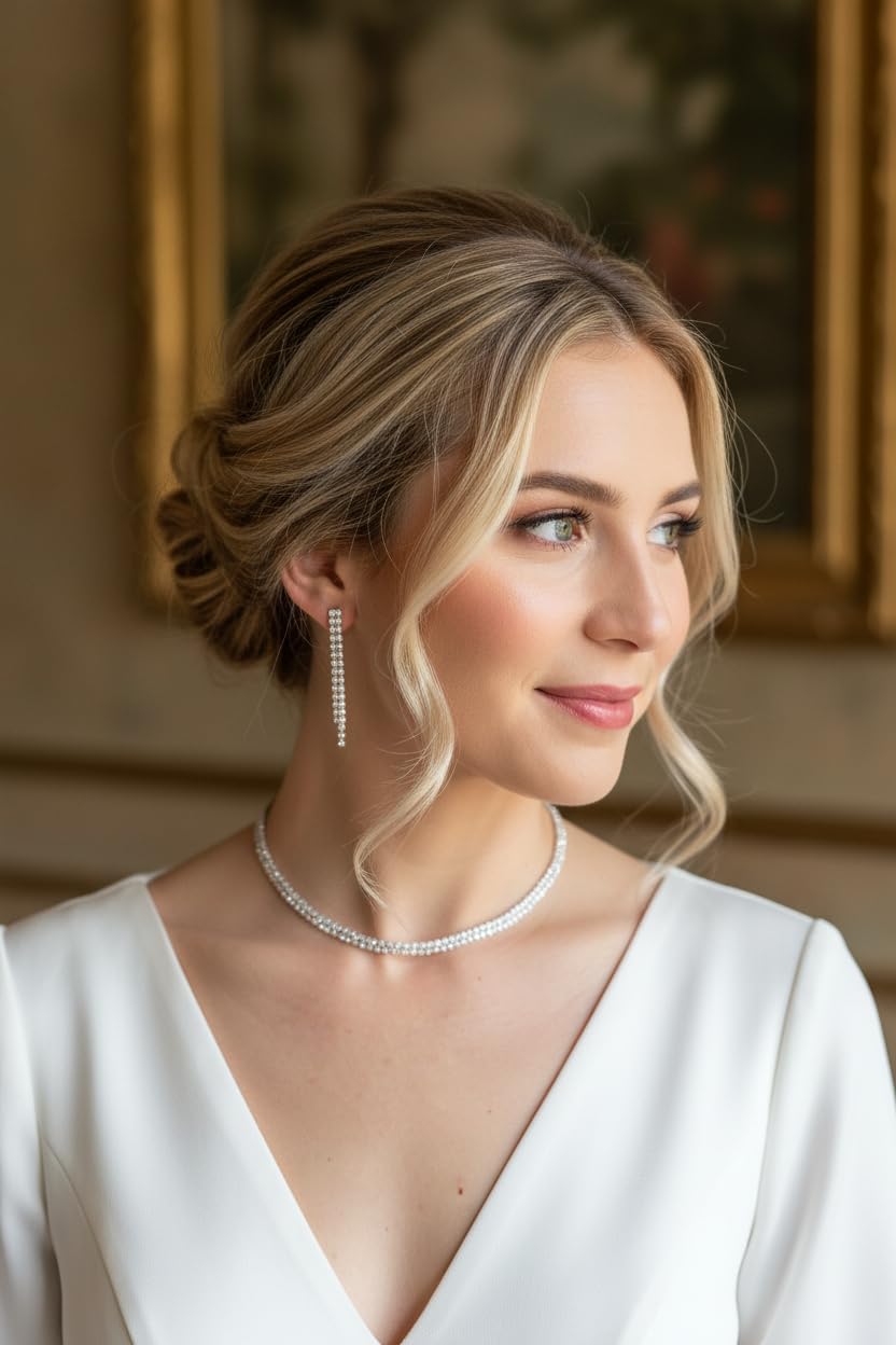 Schmuckset Damen Silber – Strass Choker Collier Halskette & Ohrringe – Elegantes Schmuck Set für Hochzeit Abiball Jugendweihe Kommunion Ball