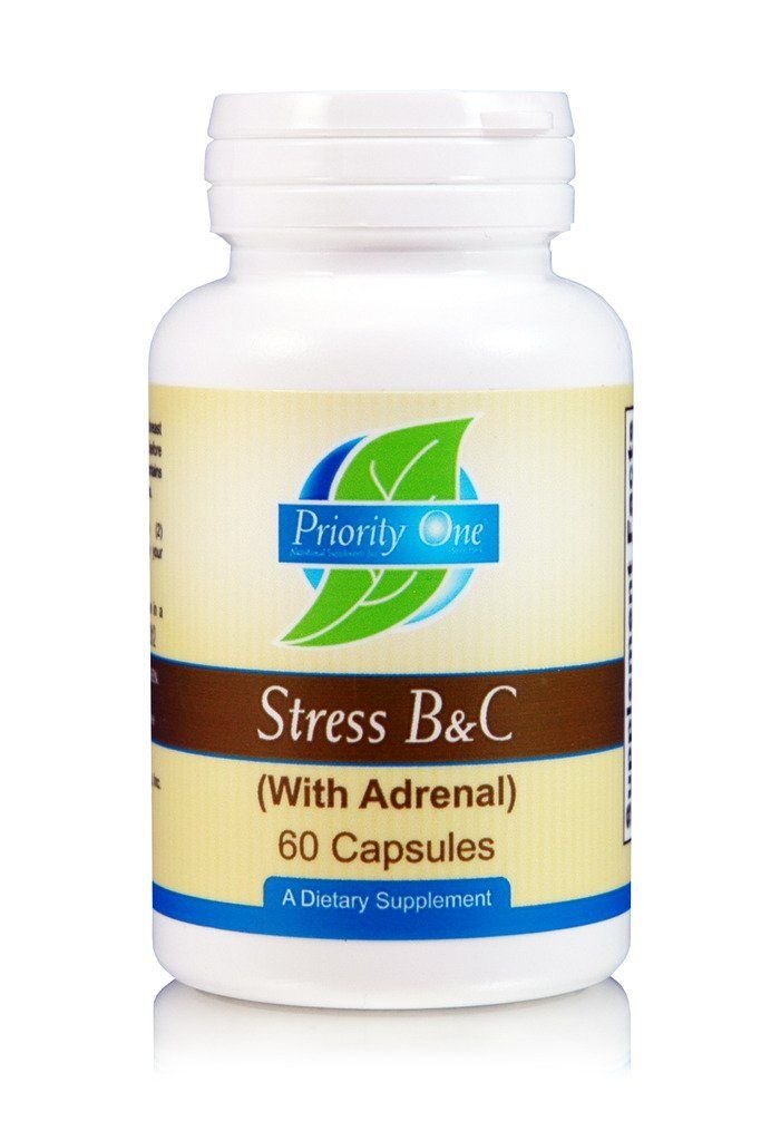 Priority One Vitamins Stress B & C 60 Capsules - B Complex with Whole Gland Adrenal to Support Healthy Nerves, Skin, Eyes, gastrointestinal, and Brain Functions.*
