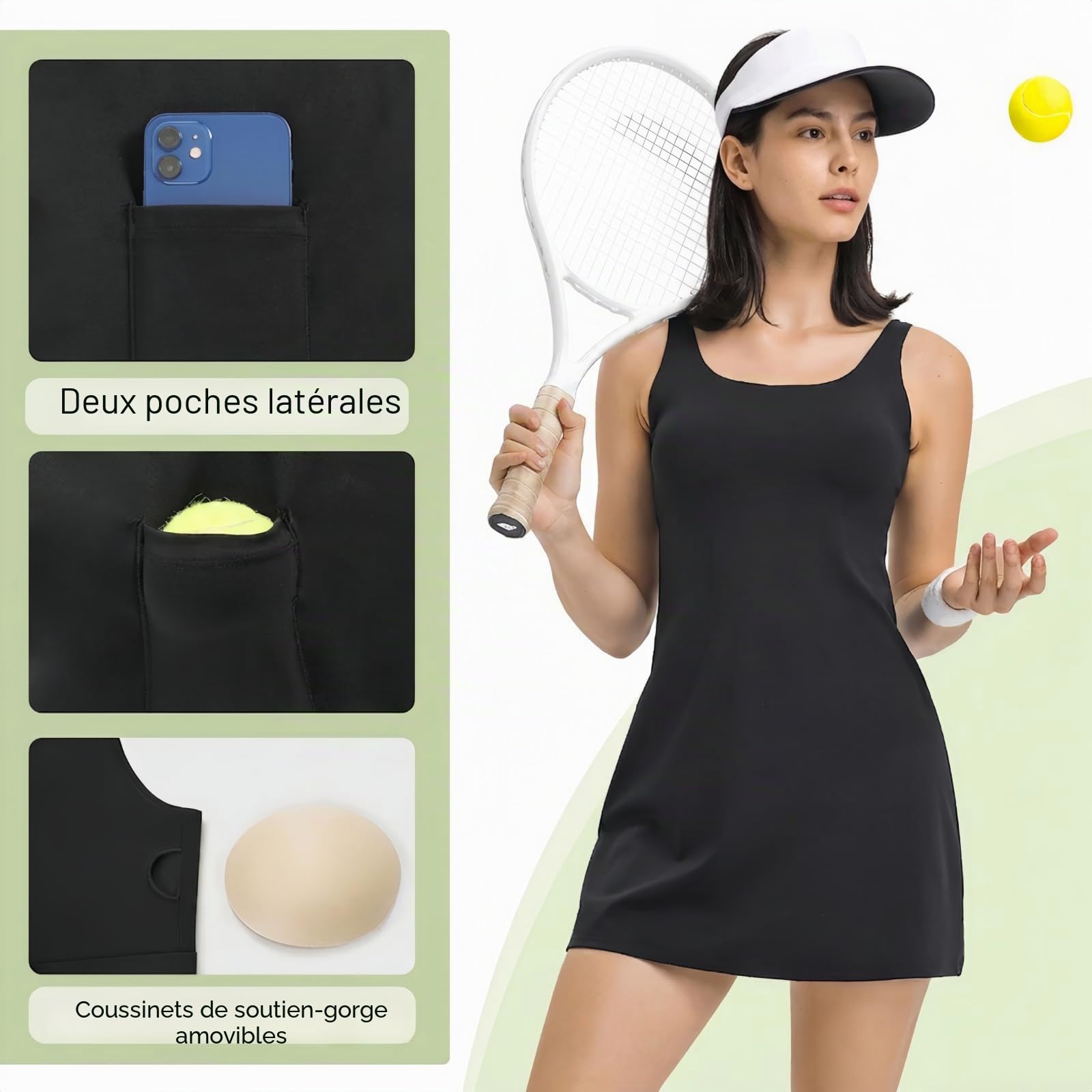 Bezioner Robe Tennis Femme Robe de Golf avec Soutien-Gorge Intégré et Short avec Poches Robe de Sport sans Manches Robe Athlétique Été