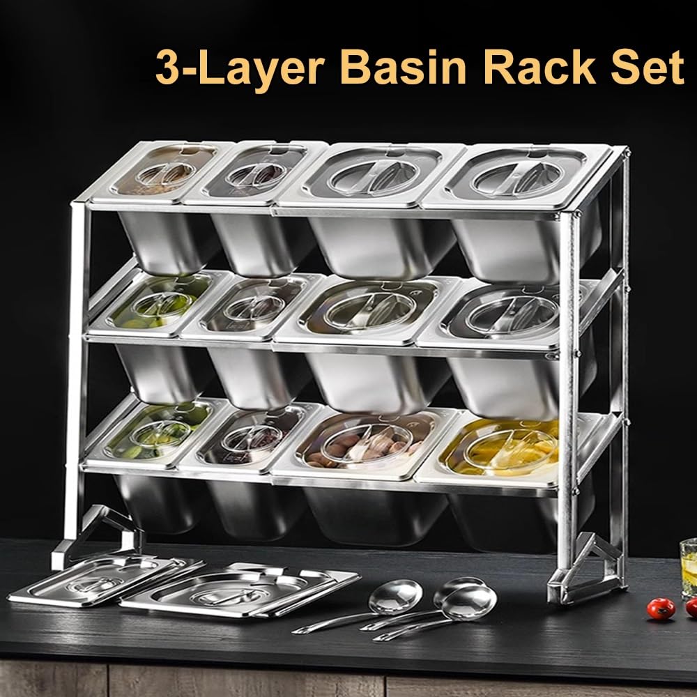 Especiero de acero inoxidable de 3 niveles con tapa, 15 compartimentos para almacenamiento de condimentos, organizador de encimera, plateado, 22.8 x 7.5 x 63 pulgadas, esencial para la cocina