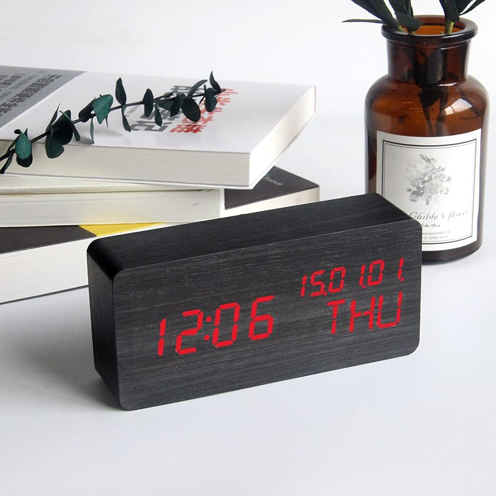 Goeco LED Digital Alarm Clock, Sounds Control Wooden Table Clock, Bedside Silent Time
