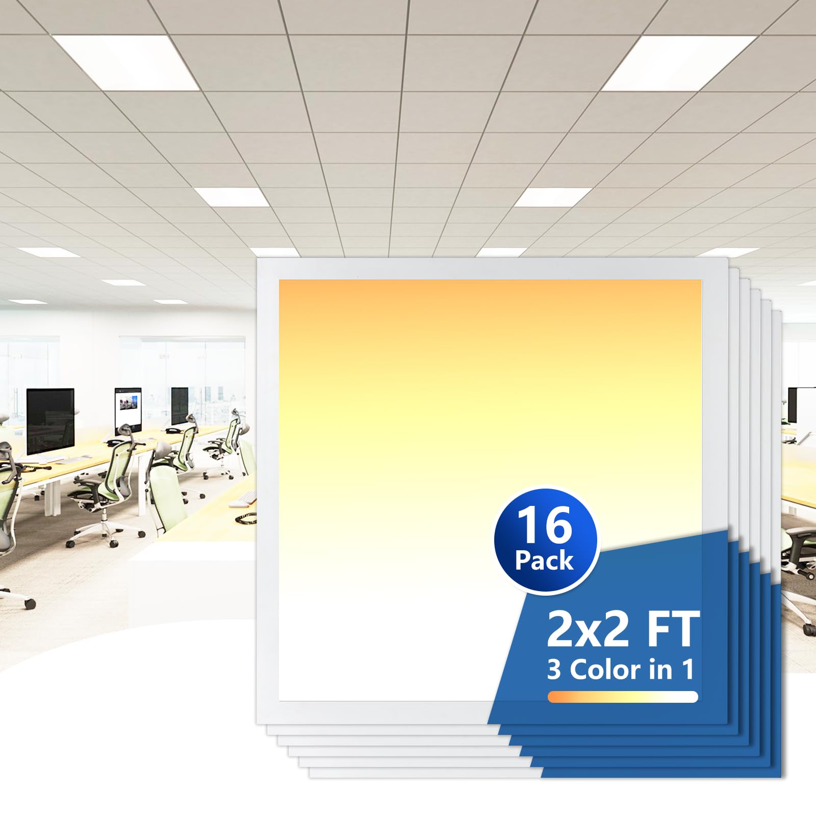2x2 LED Drop Ceiling Flat Panel Light Fixture, 0-10V Dimmable, 3000K 4000K 5000K Switchable, 20/30/40W Selectable, 120-277V, ETL Listed, 16 Pack