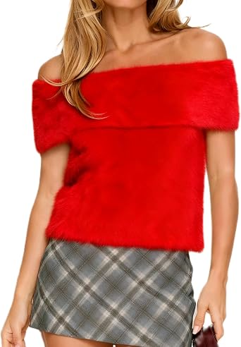 Karwuiio Womens Off The Shoulder Sweater Soft Furry Crop Sweaters Casual Fuzzy Knit Pullover Jumper