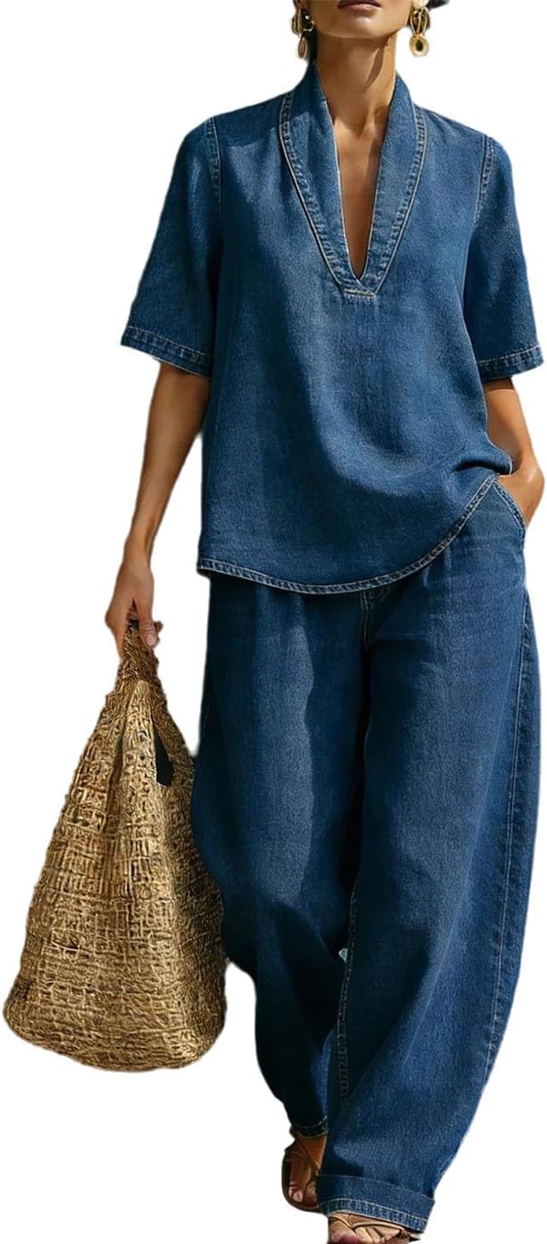 Wuitrie Denim Two Piece Set for Women V Neck Short Sleeve Blouse Tops Wide Leg Jean Pants Pants Going Out Casual Outfits