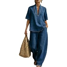 Wuitrie Denim Two Piece Set for Women V Neck Short Sleeve Blouse Tops Wide Leg Jean Pants Pants Going Out Casual Outfits