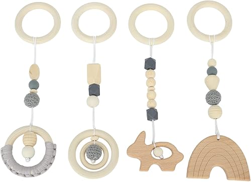 Miniatura 6 de Fydun 4 juguetes colgantes de madera, 4 piezas colgante de cochecito para bebé, juguetes de gimnasio, automóvil y para niños pequeños (gris)