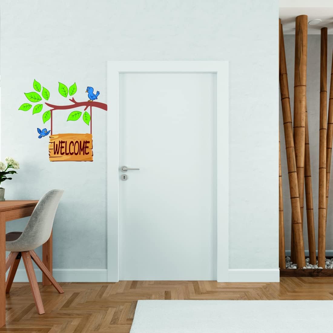 Door Wall Sticker Welcome with Tree Green Leaf & Birds Wall Stickers Multicolor ( Size - 52 Cm X 51 Cm )